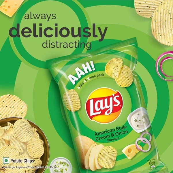 Lay's Potato Chips 90g/115g, American Style Cream & Onion Flavour, Crunchy Chips & Snacks (weight may vary) (PACK OF 2)