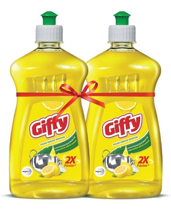 Giffy Lemon & Active Salt Dishwash Liquid Gel 500ml (Pack of 2) Bottle|2x Faster Tough Grease Removal|Utensils Cleaning Dish Wash Liquid Super Saver Offer