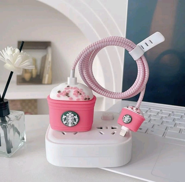 Generic 3D Starbucks Charger Case for iPhone 20W Adapter & Lightning Cable – Cute Peach Pink Silicone Cover | Mobile Charger & Cable Protector - Peach