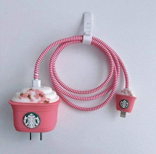 Generic 3D Starbucks Charger Case for iPhone 20W Adapter & Lightning Cable – Cute Peach Pink Silicone Cover | Mobile Charger & Cable Protector - Peach