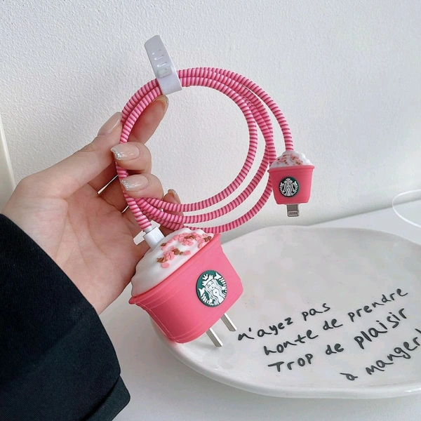 Generic 3D Starbucks Charger Case for iPhone 20W Adapter & Lightning Cable – Cute Peach Pink Silicone Cover | Mobile Charger & Cable Protector - Peach