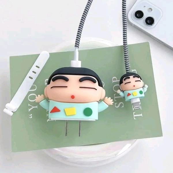 Zestora Shinchan 3D Cartoon Silicone Charger Cover Case for iPhone 18W/20W Adapter & Lightning Cable | Cute & Durable Protective Skin for Apple Charger & Lightning Cable - Mint Green, Cute Shinchan Protectors