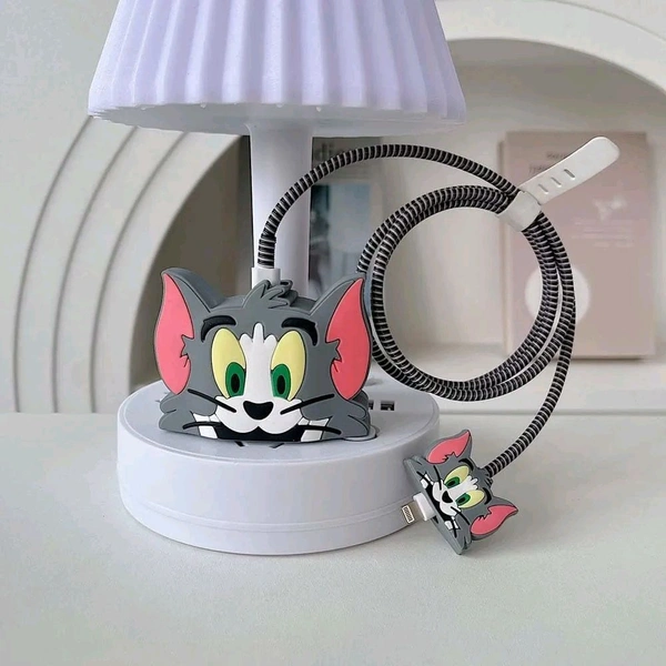 Zestora 3D Tom Cartoon Charger & Cable Protector Case for iPhone 18W/20W Adapter & Lightning Cable – Silicone Protective Cover Set (1 Piece) - Gray, Cute Tom Cover