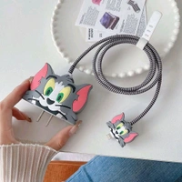 Zestora 3D Tom Cartoon Charger & Cable Protector Case for iPhone 18W/20W Adapter & Lightning Cable – Silicone Protective Cover Set (1 Piece) - Gray, Cute Tom Cover