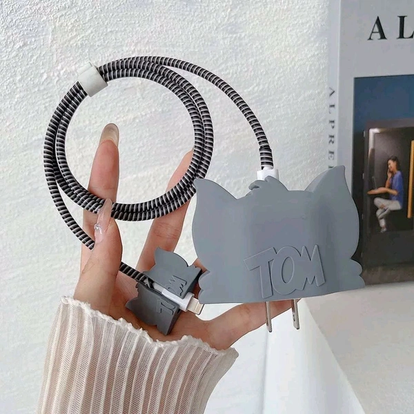 Zestora 3D Tom Cartoon Charger & Cable Protector Case for iPhone 18W/20W Adapter & Lightning Cable – Silicone Protective Cover Set (1 Piece) - Gray, Cute Tom Cover