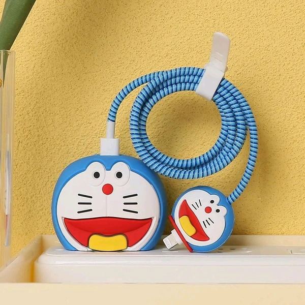 3D Doraemon Cartoon Charger & Cable Protector Case for iPhone 18W/20W Adapter & Lightning Cable β Silicone Protective Cover Set (1 Piece) - Doremon Blue, Doraemon Cover Protector