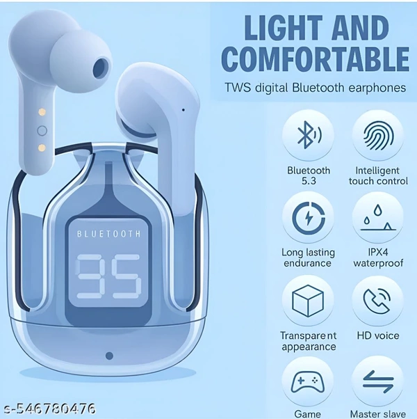 Ultrapods Max TWS Earbuds Pro | Bluetooth 5.2 | Transparent Design | 13mm HD Bass | Fast Charging (Blue)" - Blue
