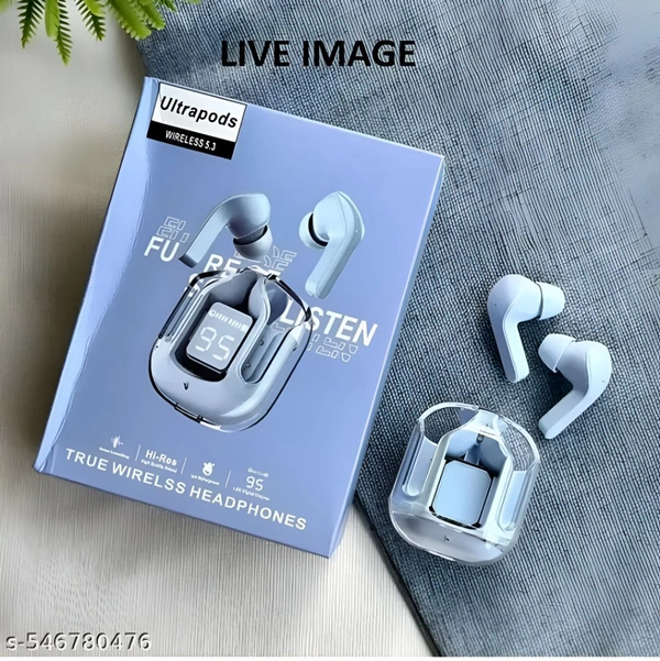 Ultrapods Max TWS Earbuds Pro | Bluetooth 5.2 | Transparent Design | 13mm HD Bass | Fast Charging (Blue)" - Blue