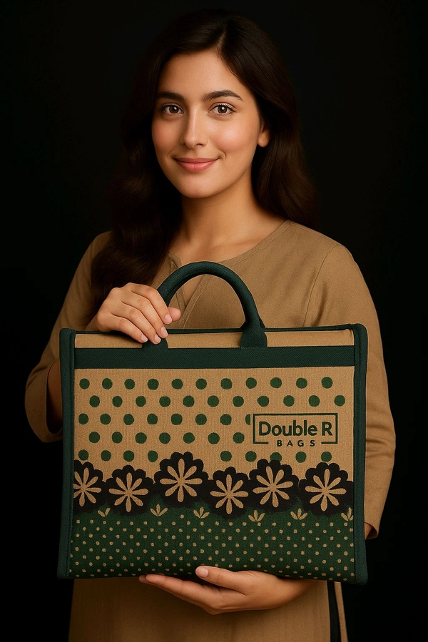 Double R Bags Eco Reusable Jute Tote | Floral Print Hand Carry Bag with Zipper | Multipurpose Shopping Bag (41.9 x 33 cm, Made in India) - Green, 41.9L x 15.2W x 33H