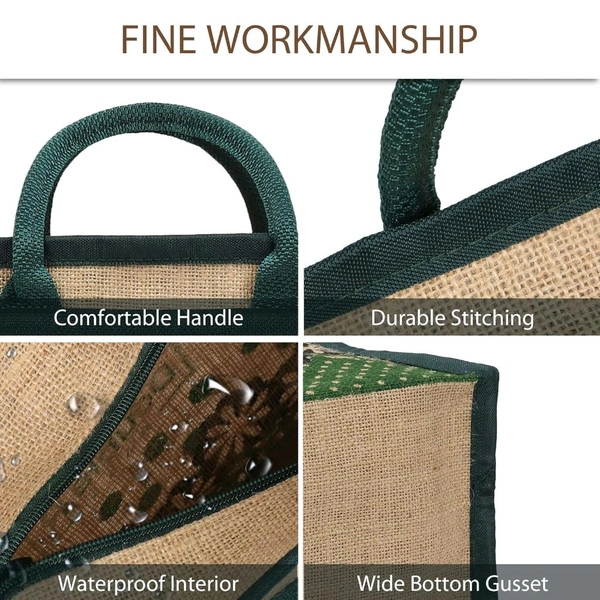 Double R Bags Eco Reusable Jute Tote | Floral Print Hand Carry Bag with Zipper | Multipurpose Shopping Bag (41.9 x 33 cm, Made in India) - Green, 41.9L x 15.2W x 33H