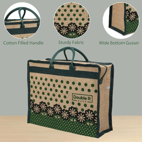 Double R Bags Eco Reusable Jute Tote | Floral Print Hand Carry Bag with Zipper | Multipurpose Shopping Bag (41.9 x 33 cm, Made in India) - Green, 41.9L x 15.2W x 33H