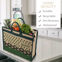 Double R Bags Eco Reusable Jute Tote | Floral Print Hand Carry Bag with Zipper | Multipurpose Shopping Bag (41.9 x 33 cm, Made in India) - Green, 41.9L x 15.2W x 33H