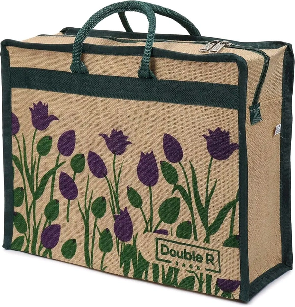 Double R Bags Eco Reusable Jute Tote | Floral Print Hand Carry Bag with Zipper | Multipurpose Shopping Bag (41.9 x 33 cm, Made in India) - Purple, 41.9L x 15.2W x 33H