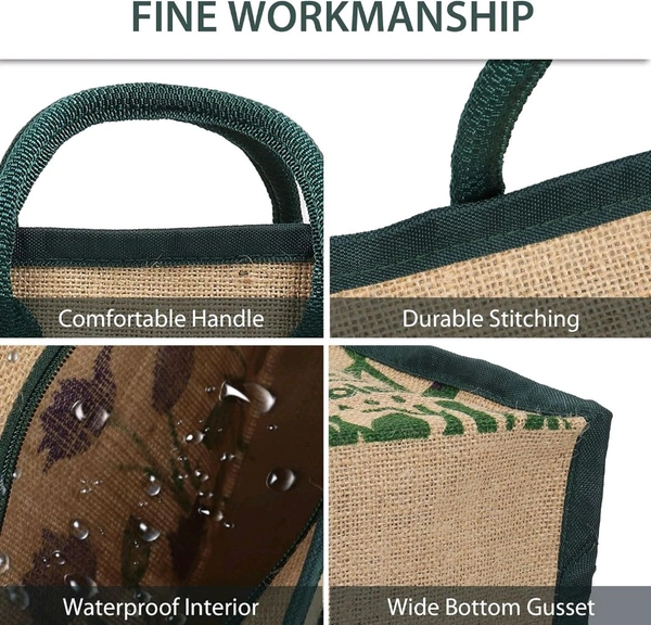 Double R Bags Eco Reusable Jute Tote | Floral Print Hand Carry Bag with Zipper | Multipurpose Shopping Bag (41.9 x 33 cm, Made in India) - Purple, 41.9L x 15.2W x 33H