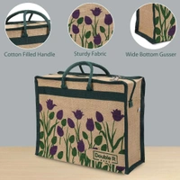 Double R Bags Eco Reusable Jute Tote | Floral Print Hand Carry Bag with Zipper | Multipurpose Shopping Bag (41.9 x 33 cm, Made in India) - Purple, 41.9L x 15.2W x 33H