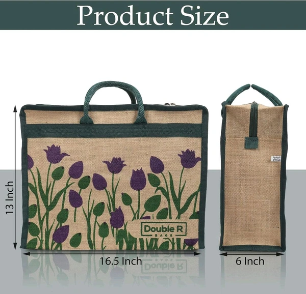 Double R Bags Eco Reusable Jute Tote | Floral Print Hand Carry Bag with Zipper | Multipurpose Shopping Bag (41.9 x 33 cm, Made in India) - Purple, 41.9L x 15.2W x 33H