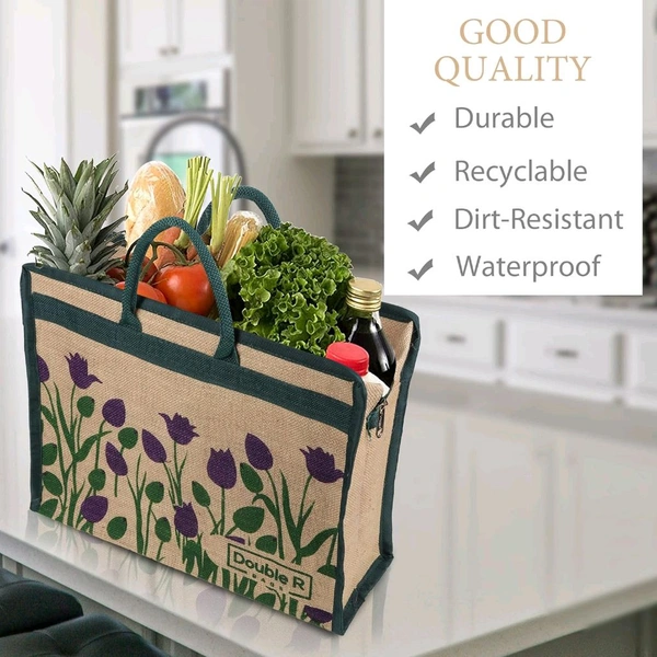 Double R Bags Eco Reusable Jute Tote | Floral Print Hand Carry Bag with Zipper | Multipurpose Shopping Bag (41.9 x 33 cm, Made in India) - Purple, 41.9L x 15.2W x 33H