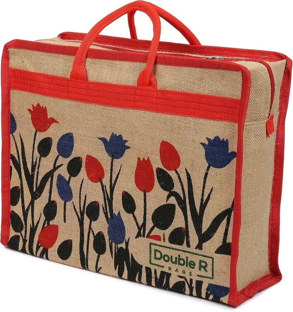 Double R Bags Eco Reusable Jute Tote | Floral Print Hand Carry Bag with Zipper | Multipurpose Shopping Bag (41.9 x 33 cm, Made in India) - Red, 41.9L x 15.2W x 33H