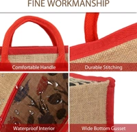 Double R Bags Eco Reusable Jute Tote | Floral Print Hand Carry Bag with Zipper | Multipurpose Shopping Bag (41.9 x 33 cm, Made in India) - Red, 41.9L x 15.2W x 33H