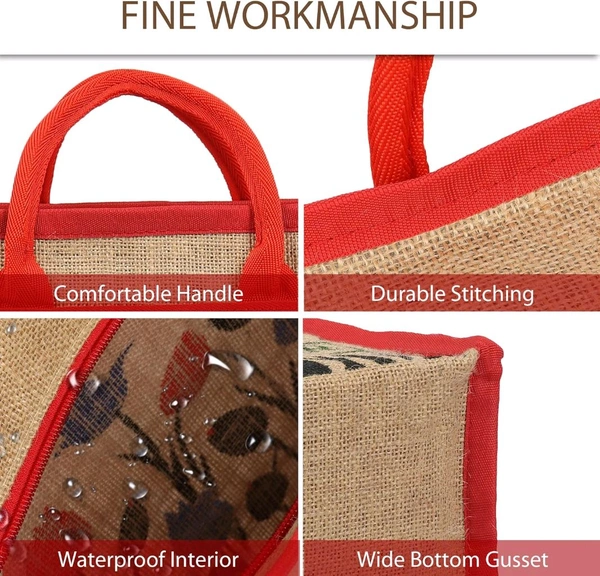 Double R Bags Eco Reusable Jute Tote | Floral Print Hand Carry Bag with Zipper | Multipurpose Shopping Bag (41.9 x 33 cm, Made in India) - Red, 41.9L x 15.2W x 33H