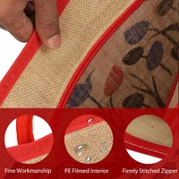 Double R Bags Eco Reusable Jute Tote | Floral Print Hand Carry Bag with Zipper | Multipurpose Shopping Bag (41.9 x 33 cm, Made in India) - Red, 41.9L x 15.2W x 33H