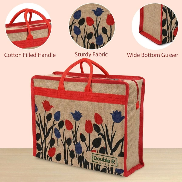 Double R Bags Eco Reusable Jute Tote | Floral Print Hand Carry Bag with Zipper | Multipurpose Shopping Bag (41.9 x 33 cm, Made in India) - Red, 41.9L x 15.2W x 33H