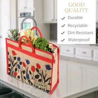 Double R Bags Eco Reusable Jute Tote | Floral Print Hand Carry Bag with Zipper | Multipurpose Shopping Bag (41.9 x 33 cm, Made in India) - Red, 41.9L x 15.2W x 33H