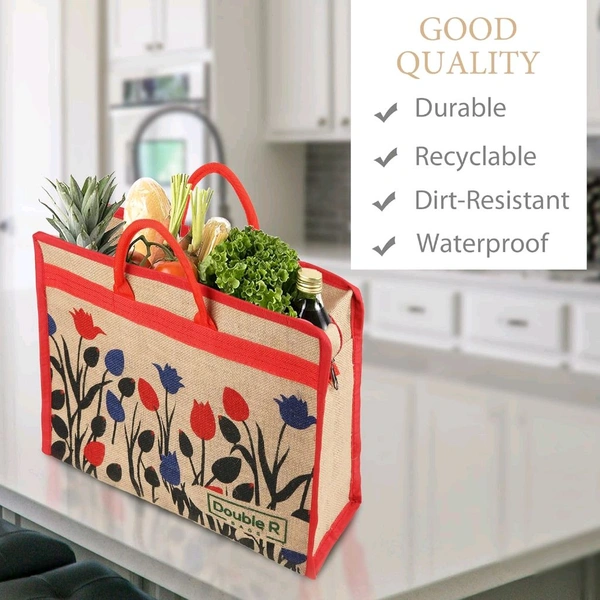 Double R Bags Eco Reusable Jute Tote | Floral Print Hand Carry Bag with Zipper | Multipurpose Shopping Bag (41.9 x 33 cm, Made in India) - Red, 41.9L x 15.2W x 33H