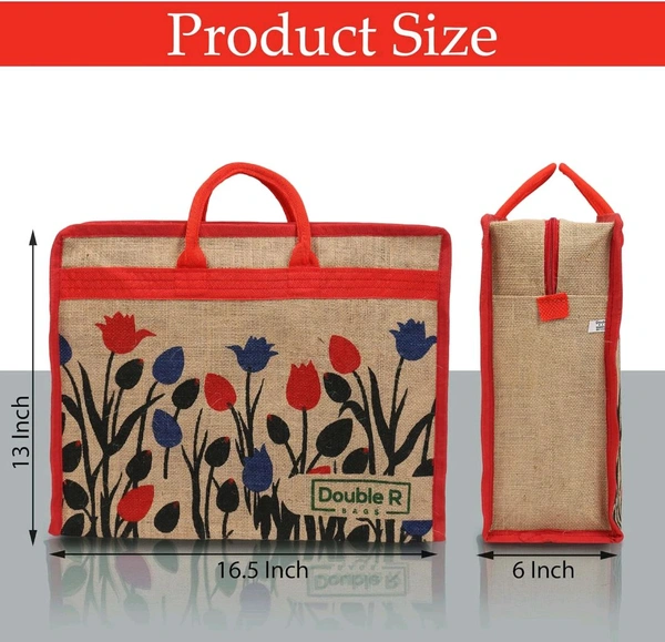 Double R Bags Eco Reusable Jute Tote | Floral Print Hand Carry Bag with Zipper | Multipurpose Shopping Bag (41.9 x 33 cm, Made in India) - Red, 41.9L x 15.2W x 33H