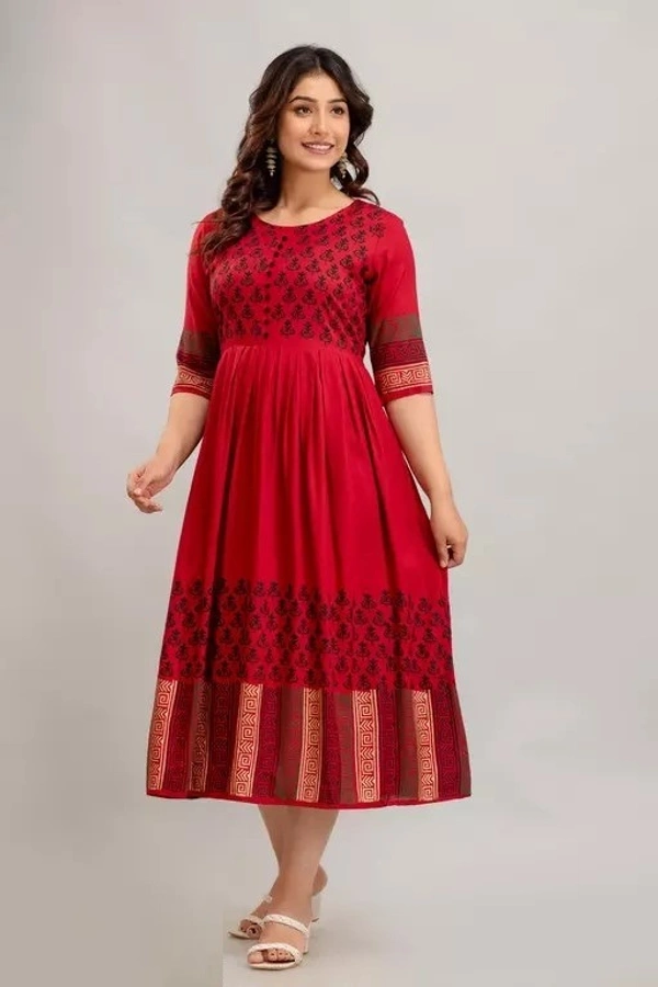 Women Rayon Printed Akshara Anarkali Kurtis Mo