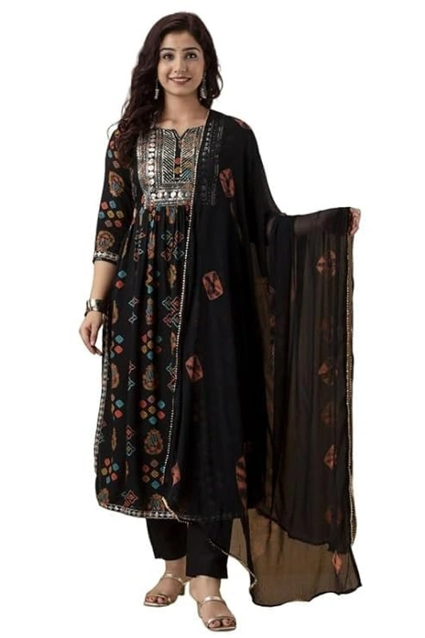 PICHAWAI Women's Viscose Rayon Solid Printed Kurta, Pant and Dupatta Set AN - L