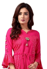 madhuram textiles Foil Printed Rayon Double Layered & Tiered Ethnic with 3/4 Sleeve Length Kurta for Women's All Occasions An - M