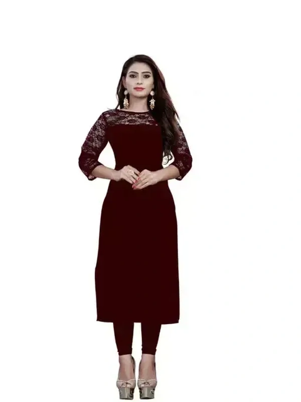 Casual American Crepe And Net Round-Neck 3/4 Length Sleeves Maroon Kurti (45"Inches) Mo - XXL