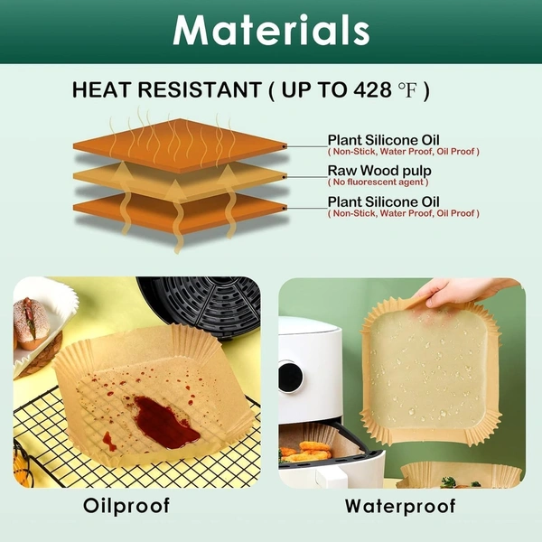 100 PCS Square Air Fryer Paper Liners (8-Inch) | Disposable Oil-Proof Parchment Sheets