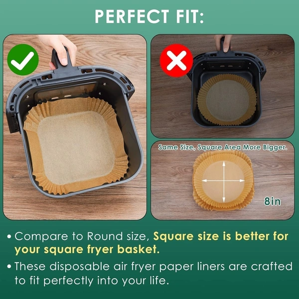 100 PCS Square Air Fryer Paper Liners (8-Inch) | Disposable Oil-Proof Parchment Sheets