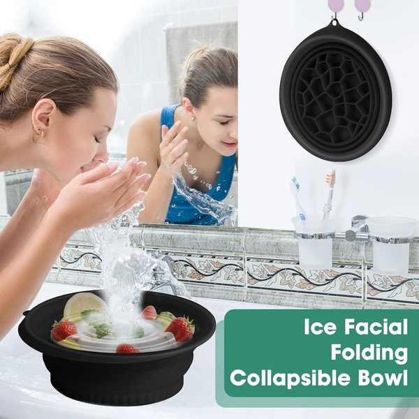 Premium Facial Ice Bath Bowl with Built-In Tray | Collapsible Silicone Face Plunge Tool