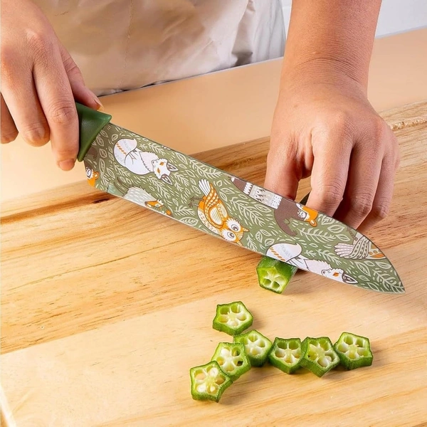 3-Piece Professional Kitchen Knife Set – Cleaver, Chef, and Utility Knives with Non-Stick Green Blade Design