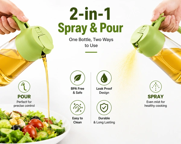 2-in-1 Oil Sprayer & Dispenser Bottle 550ml – Glass Olive Oil Spray Bottle for Cooking, BBQ, Air Fryer, Salad & Kitchen | Leak-Proof, Refillable