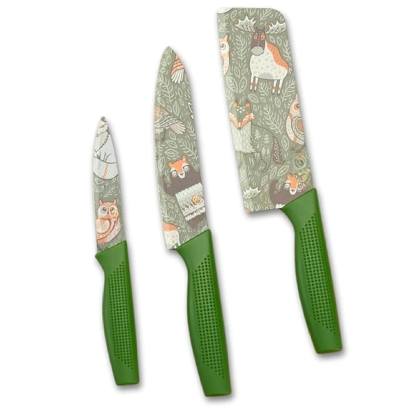 3-Piece Professional Kitchen Knife Set – Cleaver, Chef, and Utility Knives with Non-Stick Green Blade Design