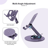 Premium Foldable Stainless Steel Mobile Stand | 360° Rotatable Tabletop Desk Phone Holder | Height Adjustable & Portable Dock for All Smartphones & Tablets (Purple)