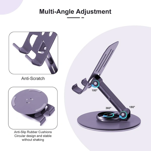 Premium Foldable Stainless Steel Mobile Stand | 360° Rotatable Tabletop Desk Phone Holder | Height Adjustable & Portable Dock for All Smartphones & Tablets (Purple)