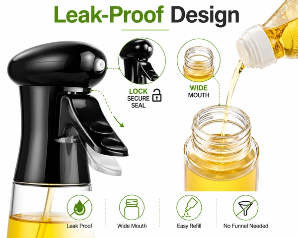 2-in-1 Oil Sprayer & Pourer Bottle for Cooking | Olive Oil Spray Bottle | Leak-Proof, BPA-Free, Refillable Fine Mist Oil Dispenser for Air Fryer, BBQ, Salad & Kitchen (210ml)