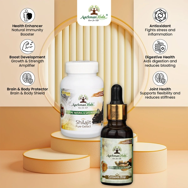 Aachman Veda Shilajit Veg Capsules & Curcumin Drops - COMBO