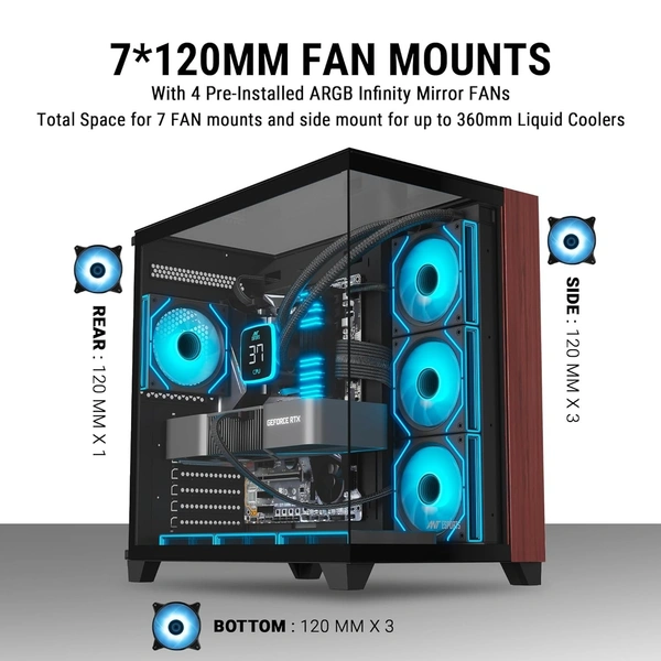Ant Esports Crystal Wood ATX Mid-Tower Computer Case/Gaming Cabinet with Type-C - Black | Support ATX, Micro-ATX, Mini-ITX | Pre-Installed 4 ARGB Infinity Mirror Fans - Black