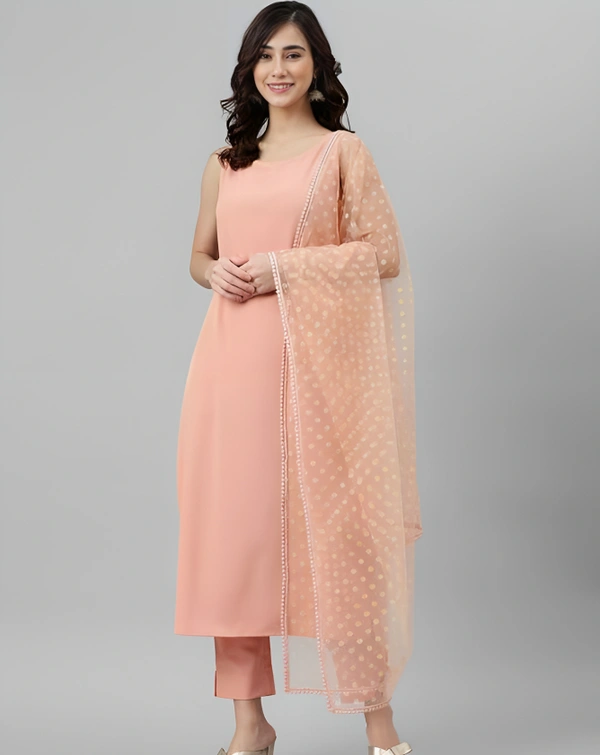 Peach Solid Crepe Kurta Set with Dupatta and Pant - My Pink, L