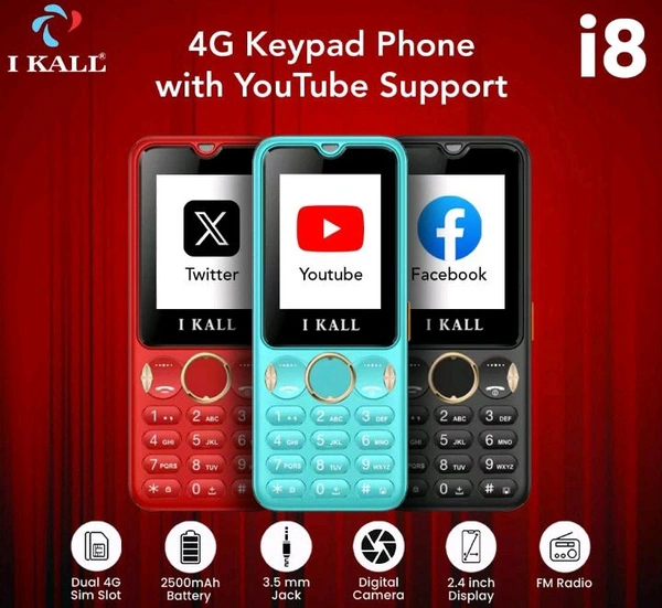 I Kall IKALL I8 4G Feature Phone | 2.4-Inch Display, 2500mAh Battery, Type-C Charging | Dual SIM | Preloaded Apps – Facebook, YouTube | Keypad Mobile (Red