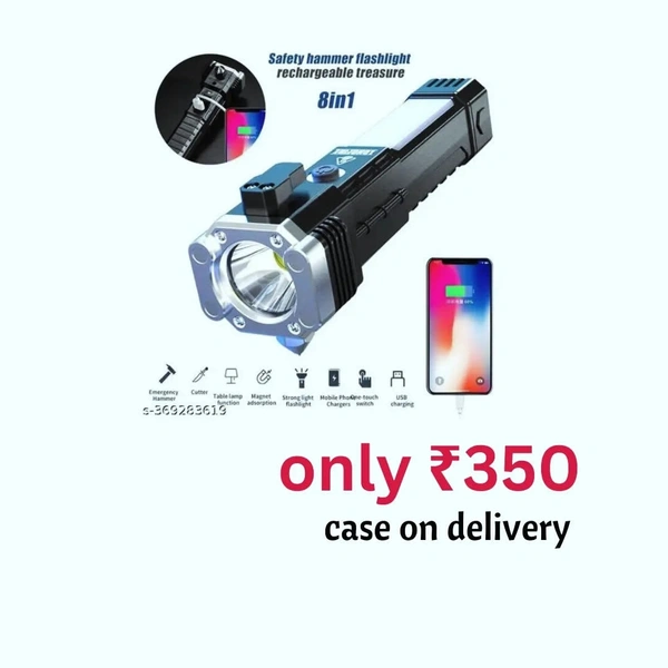 Torch Light, LED 3W Torch Light Rechargeable Torch Flashlight, Long Distance Beam Range, Car Rescue Torch with Hammer, Window Glass and Seat Belt CutterName: Torch Light, LED 3W Torch Light Rechargeable Torch Flashlight, Long Distance Beam Range, Car Rescue Torch with Hammer, Window Glass and Seat Belt CutterMaterial: PlasticNet Quantity (N): 1Product Length: 5 cmProduct Height: 10