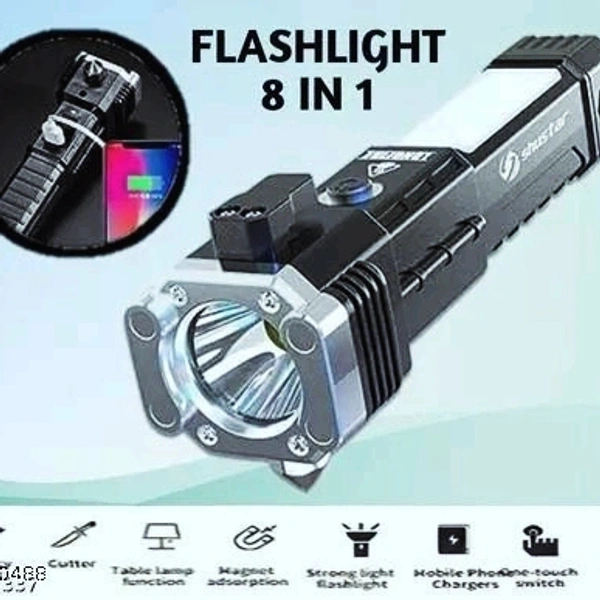 Torch Light, LED 3W Torch Light Rechargeable Torch Flashlight, Long Distance Beam Range, Car Rescue Torch with Hammer, Window Glass and Seat Belt CutterName: Torch Light, LED 3W Torch Light Rechargeable Torch Flashlight, Long Distance Beam Range, Car Rescue Torch with Hammer, Window Glass and Seat Belt CutterMaterial: PlasticNet Quantity (N): 1Product Length: 5 cmProduct Height: 10 - Black