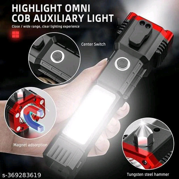 Torch Light, LED 3W Torch Light Rechargeable Torch Flashlight, Long Distance Beam Range, Car Rescue Torch with Hammer, Window Glass and Seat Belt CutterName: Torch Light, LED 3W Torch Light Rechargeable Torch Flashlight, Long Distance Beam Range, Car Rescue Torch with Hammer, Window Glass and Seat Belt CutterMaterial: PlasticNet Quantity (N): 1Product Length: 5 cmProduct Height: 10 - Black