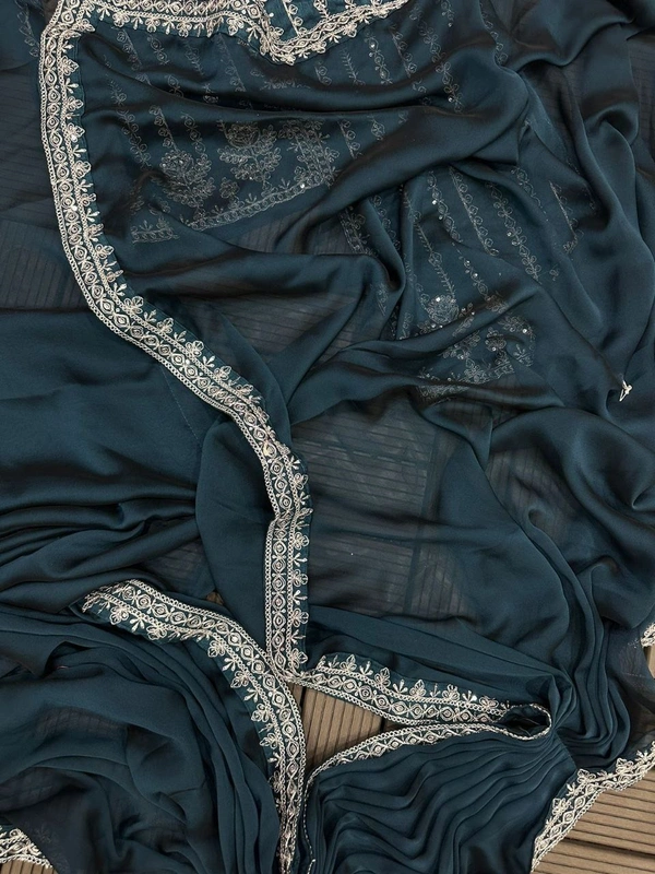 FWHB CORDING WORK EMBROIDERED READY TO WEAR SAREE WITH FULL COTI - XL, Cyan Blue